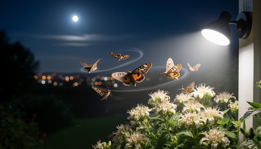 Moth disoriented by bright outdoor flood light in residential garden setting