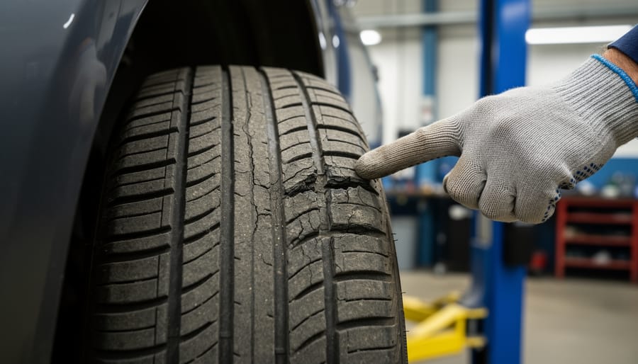 Close-up of worn John Deere lawn mower tire showing tread damage