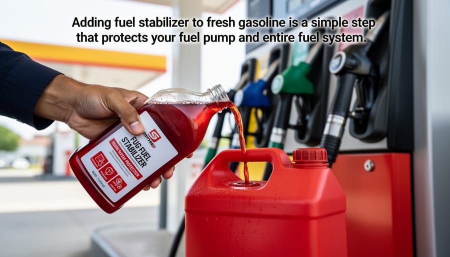 Person adding fuel stabilizer to gas can for lawn mower maintenance