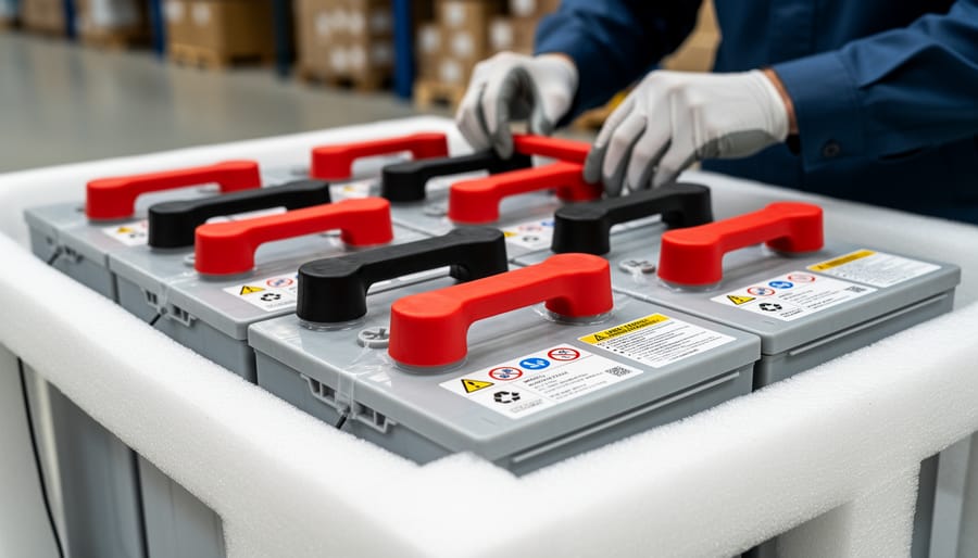 Gloved hands wrapping electrical tape around battery terminals for safe shipping preparation