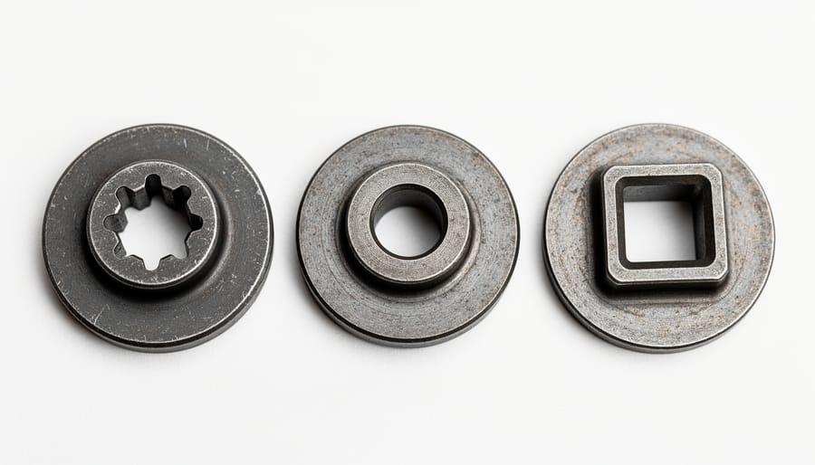 Three different types of lawn mower blade adapters showing star-shaped, round, and square center holes