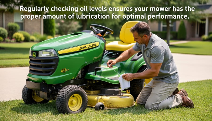 Person checking oil level on John Deere lawn mower dipstick