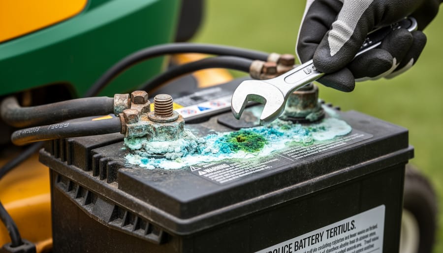 Close-up of corroded battery terminals on John Deere riding lawn mower