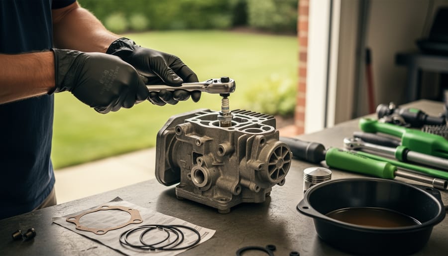 Gloved hands tighten a small lawn mower engine cylinder head with a torque wrench on a tidy workbench, with spark plug removed, gasket kit, piston rings, and an oil drain pan nearby; softly lit, background garage and lawn out of focus.