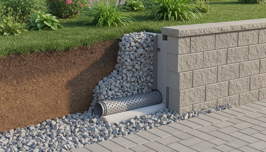 Cross-section view of retaining wall drainage components including gravel, drain pipe, and landscape fabric