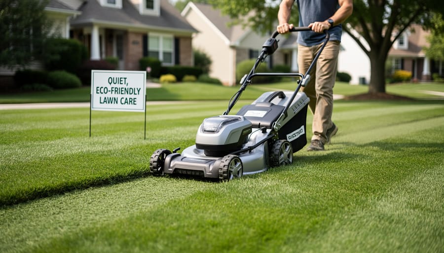 Electric push mower on residential lawn with fresh grass clippings