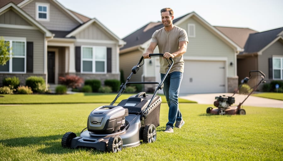 Homeowner mowing a front lawn with a battery-powered electric mower in mid-morning light, suburban houses softly blurred in the background and an older gas mower idle on the driveway.