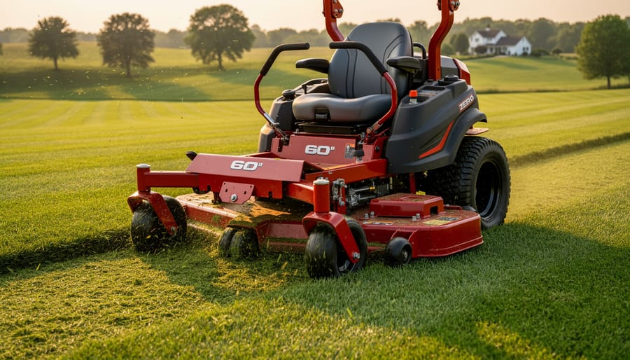 Red commercial zero-turn mower with a wide deck cutting a large lawn at golden hour, showing crisp stripes and light grass clippings, shot low from the front with trees and a farmhouse softly blurred in the background.