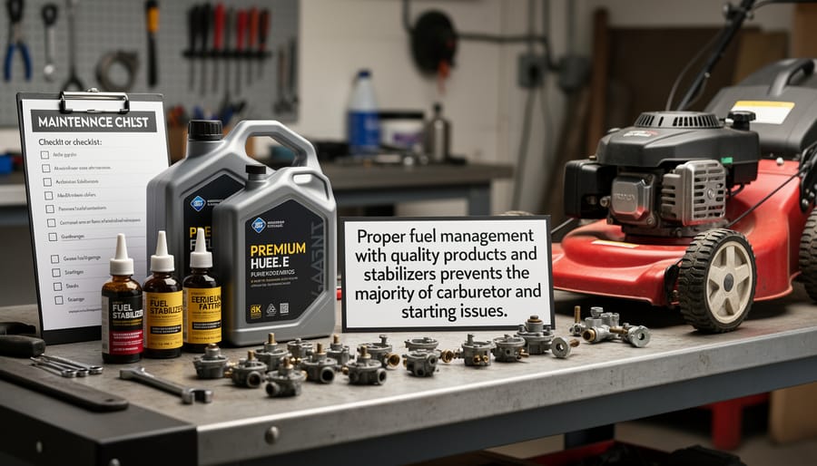 Fuel stabilizer bottle and gas can arranged with lawn mower for proper fuel maintenance