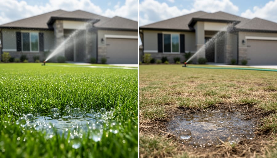 Side-by-side comparison of healthy green lawn next to patchy brown lawn in suburban neighborhood
