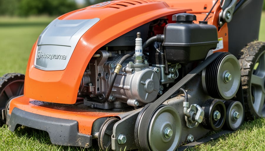 Husqvarna riding mower with hood open revealing engine compartment and mechanical components
