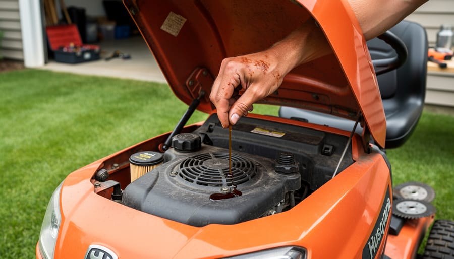Close-up of a person pulling the oil dipstick on an orange riding lawn mower with the hood open in an open garage, with a blurred lawn, toolbox, and spare air filter in the background.