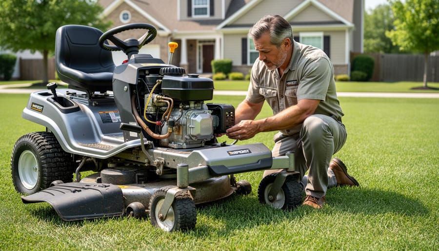 Mechanic inspecting zero turn mower engine and fuel system components