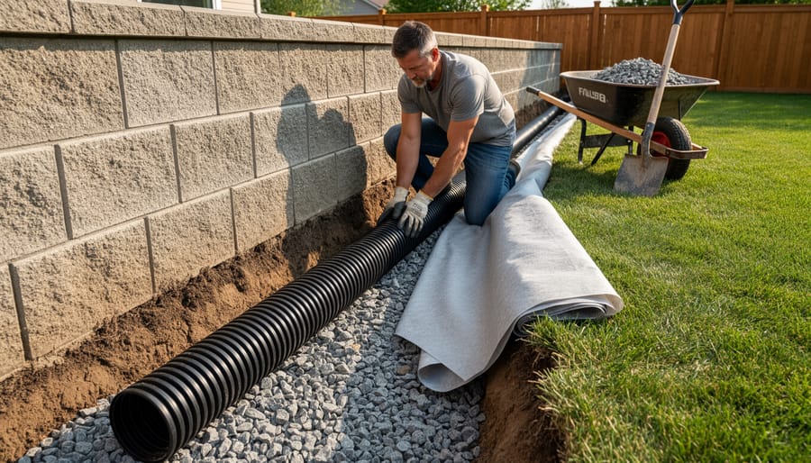 DIY installation of perforated drainage pipe behind timber retaining wall with gravel backfill