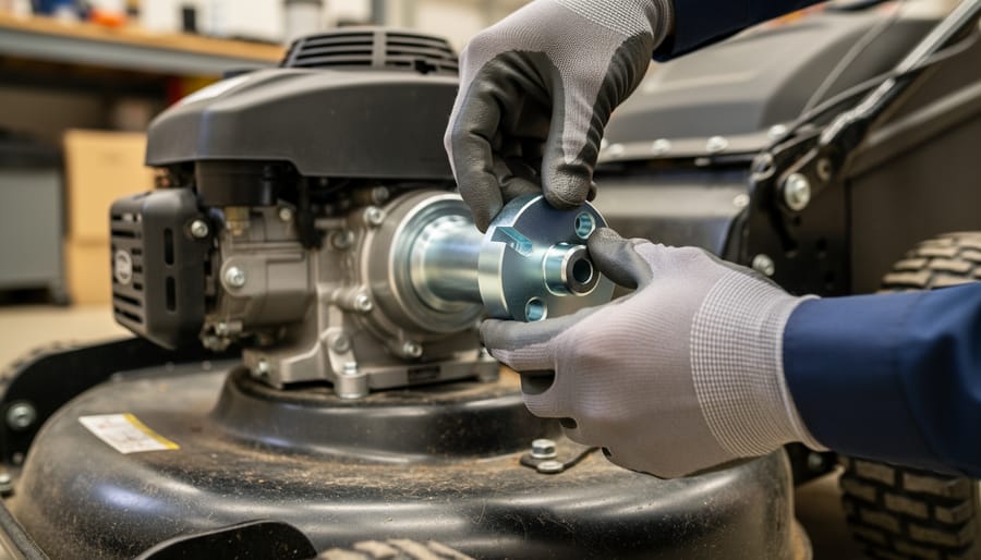 Close-up of hands installing new blade adapter onto lawn mower engine shaft