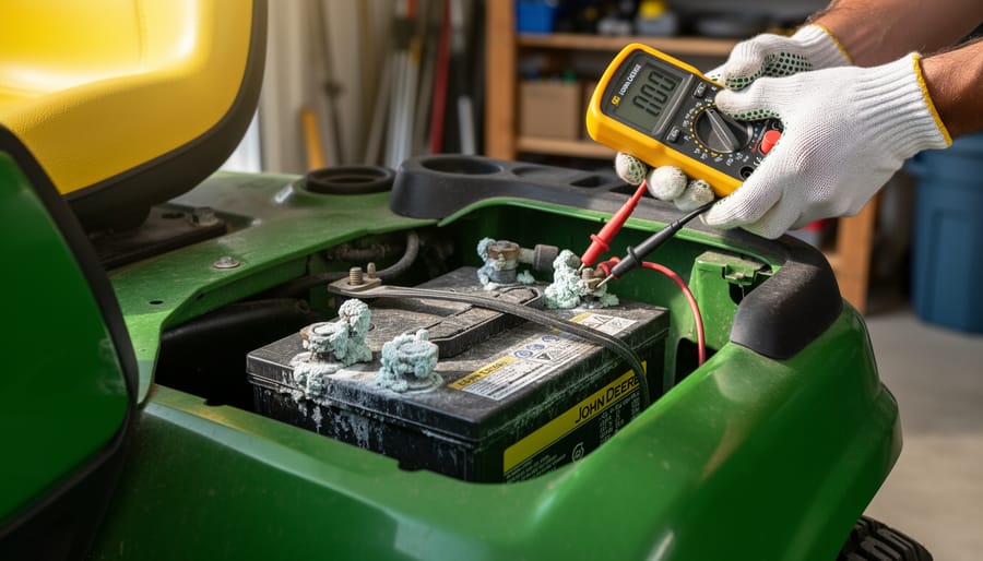 Close-up of a John Deere riding mower battery with white corrosion on the terminals while a gloved hand tests with multimeter probes; green and yellow mower body and blurred garage tools in the background under soft natural daylight.