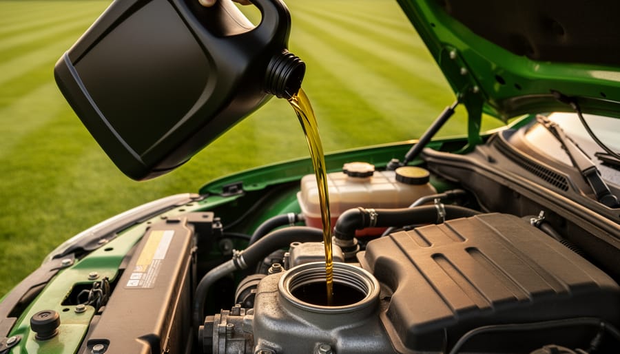 Close-up of golden oil pouring from an unlabeled black bottle into the oil fill of a green-and-yellow riding lawn mower, outdoors with a blurred striped lawn and mower body in the background, no visible logos or text.