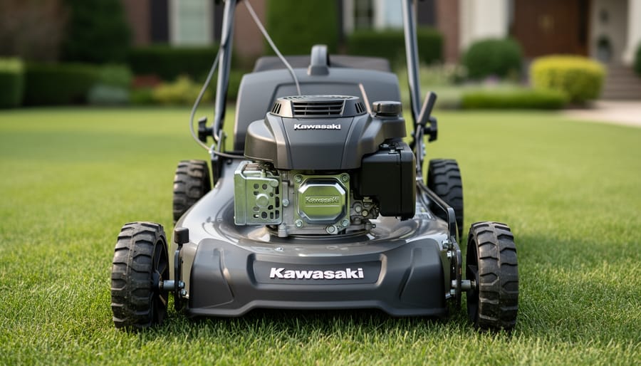 Close-up view of Kawasaki lawn mower engine showing green housing and mechanical components