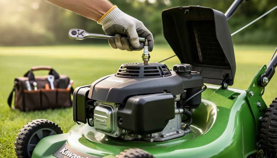 Eye-level close-up of a person using a spark plug socket on a Kawasaki-style lawn mower engine with the air filter cover open, engine in sharp focus and a blurred backyard and tool bag in the background, no visible branding.