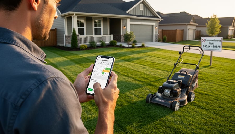 Homeowner checking time in organized garage with lawn care equipment