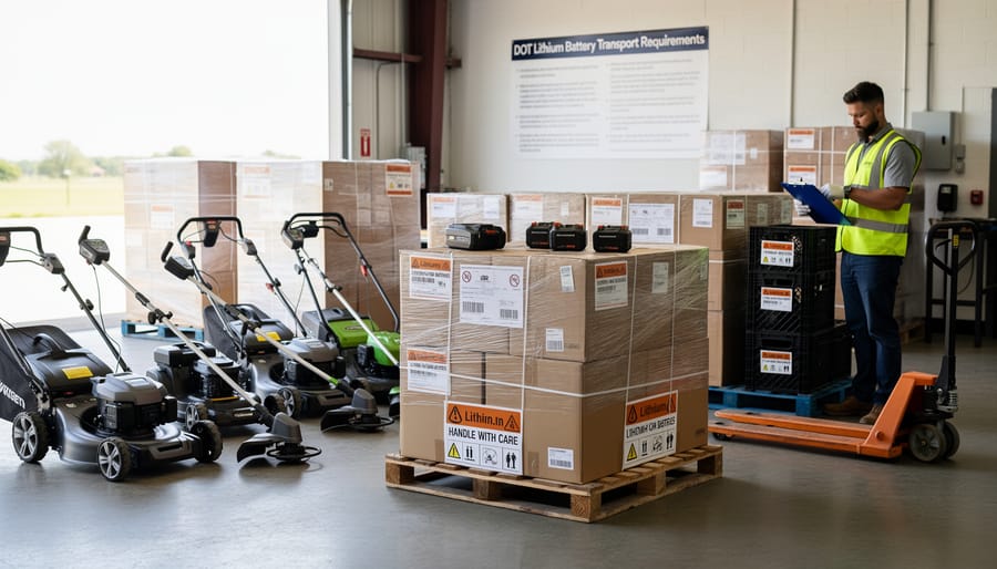 Assortment of lithium-ion batteries from lawn mowers, trimmers, and chainsaws on workshop bench
