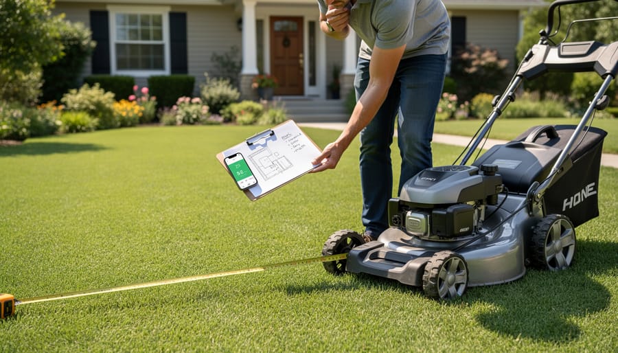 Person measuring lawn area with tape measure and calculator for mower planning