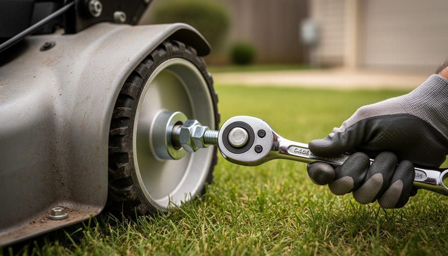 Close-up of a lawn mower tipped on its side as a gloved hand uses a ratchet on the blade bolt, showing the blade adapter on the spindle shaft with the spark plug wire visibly disconnected; blurred lawn and garage floor in the background.