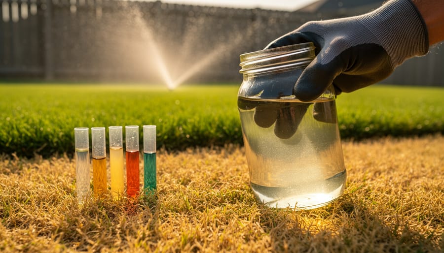Close-up of a gloved hand holding a clear jar of slightly cloudy irrigation water beside simple color test vials on a patchy yellow lawn, with a blurred fence, sprinkler mist, and a neighbor’s vibrant green grass in the background.