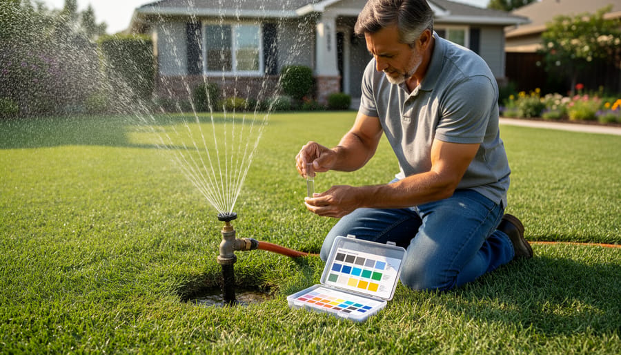 Homeowner conducting water and soil quality testing on residential lawn