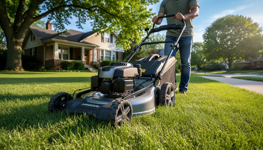 Homeowner mowing a deep-green Minnesota lawn with a high deck setting on a sunny mid-morning; sharp focus on grass tips and mower deck, with a blurred Twin Cities house, maple trees, and sidewalk in the background.