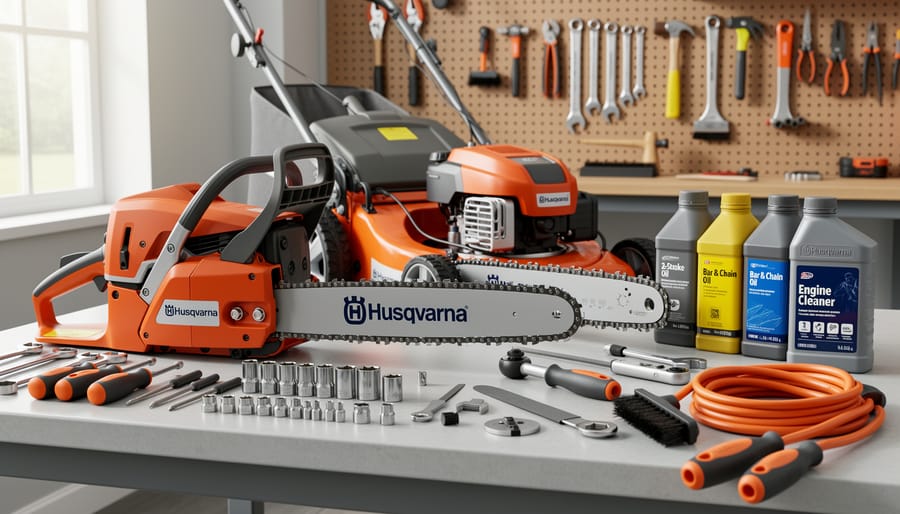 Essential lawn mower maintenance tools and supplies organized on workbench