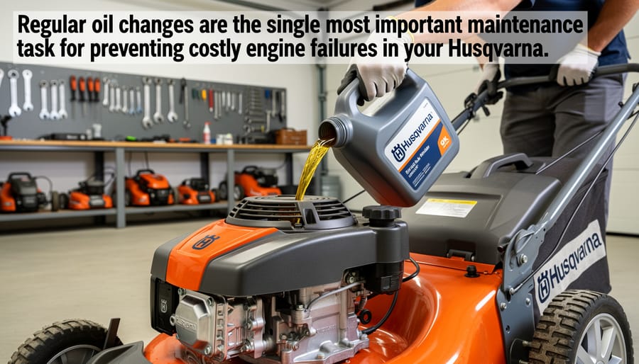 Person pouring fresh motor oil into lawn mower engine during routine maintenance