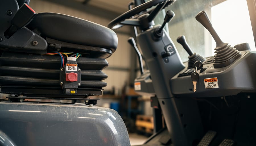 Safety switch located under riding lawn mower seat