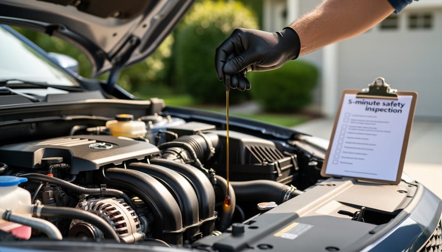 Homeowner checking oil level on lawn mower engine with dipstick