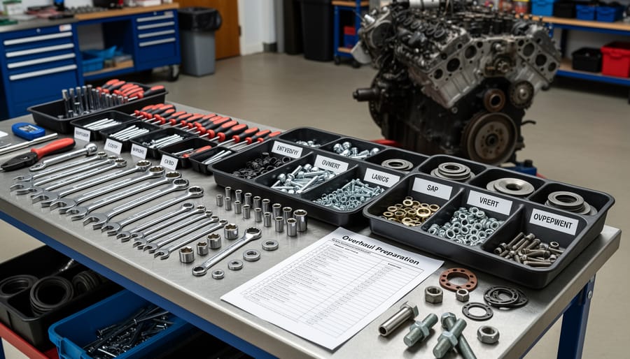 Overhead view of organized tools and engine parts needed for lawn mower overhaul