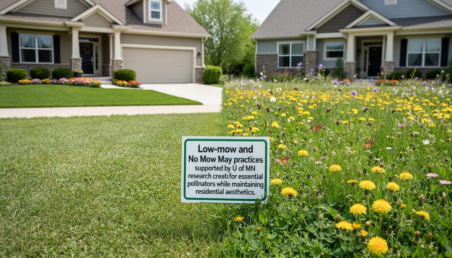 Honeybee pollinating wildflowers in low-mow lawn with clover and violets
