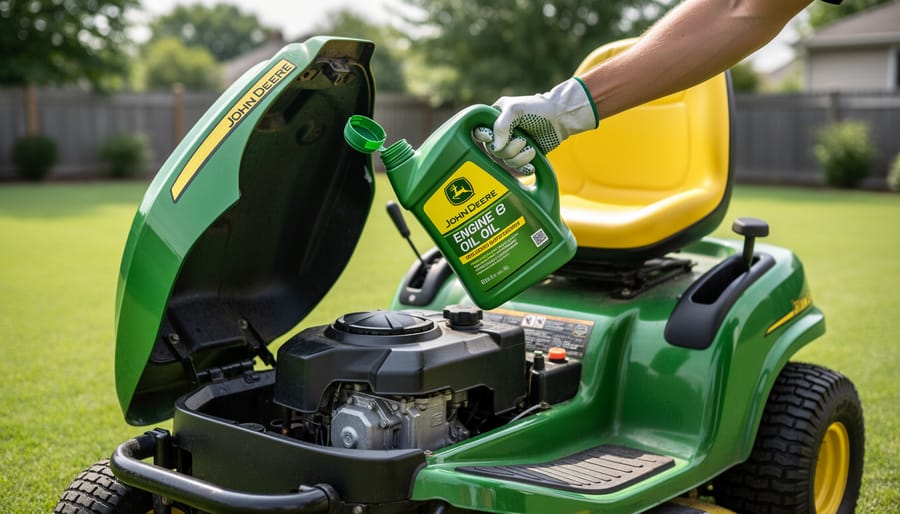 Motor oil being poured from bottle into John Deere lawn mower engine