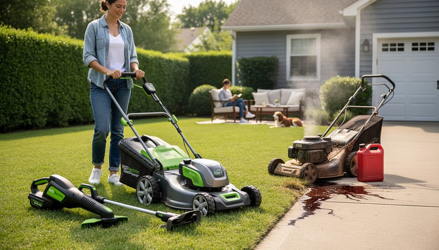 Close-up of quiet electric lawn mower on residential lawn
