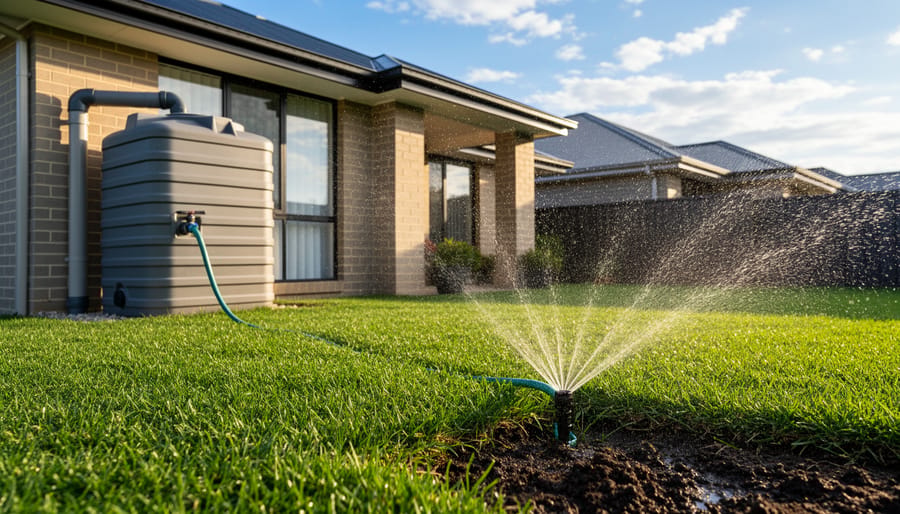Rainwater collection barrel system installed at residential home for lawn irrigation