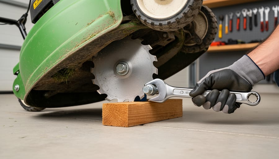 Gloved hands using socket wrench to remove lawn mower blade with wooden block for stability