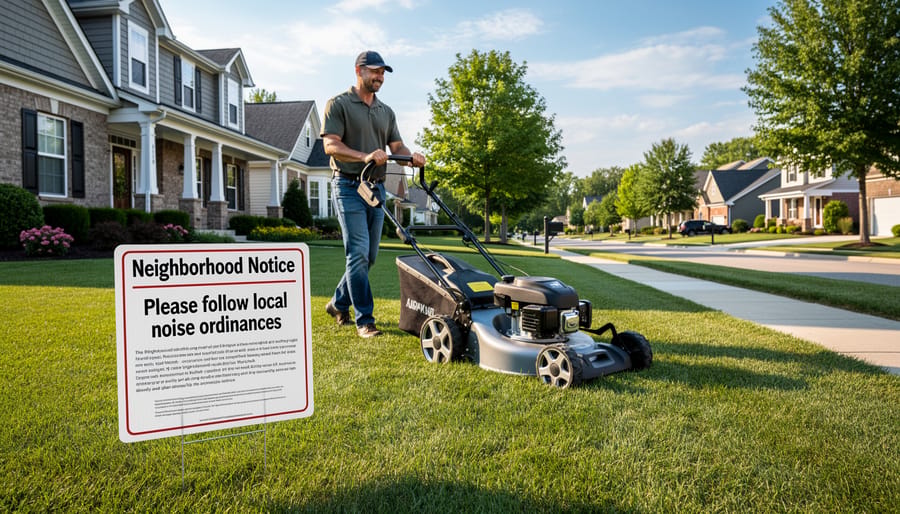 Homeowner mowing lawn in residential neighborhood with houses visible in background