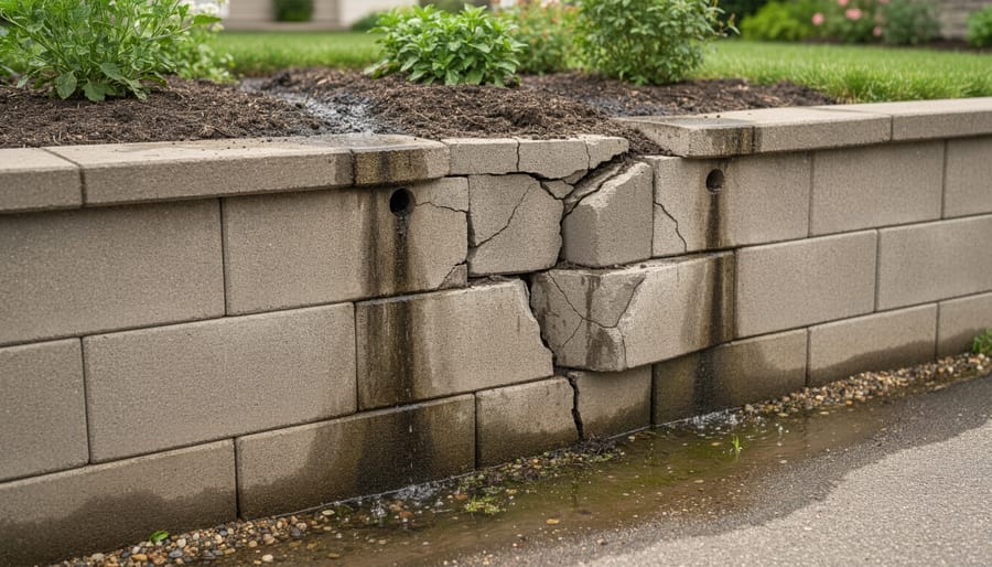 Damaged retaining wall with visible bulging and water stains indicating drainage problems
