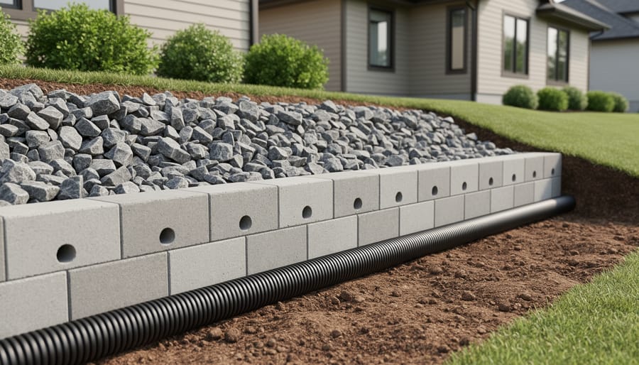 Partially built retaining wall with exposed gravel backfill, perforated drain pipe at the base, and round weep holes on the wall face, with a landscaped yard in the background.