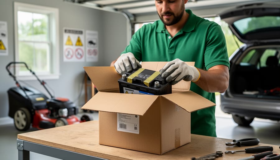 Gloved hands securing a lawn mower battery with insulating tape and placing it into a padded shipping box in a garage, with the mower and an open car trunk blurred in the background.