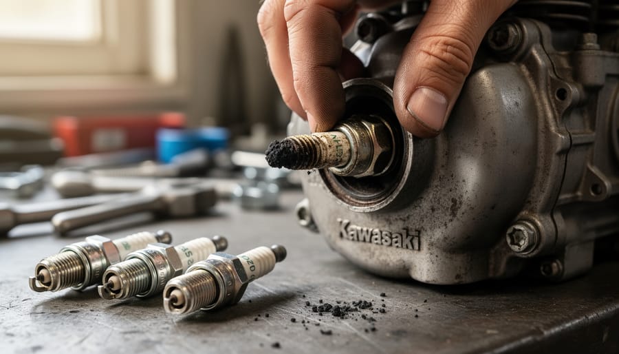 Mechanic holding used spark plug showing carbon deposits and wear