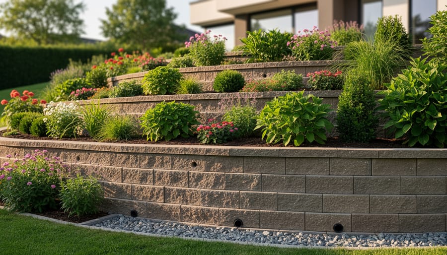 Successful terraced garden with stone retaining wall and thriving plants showing proper drainage results