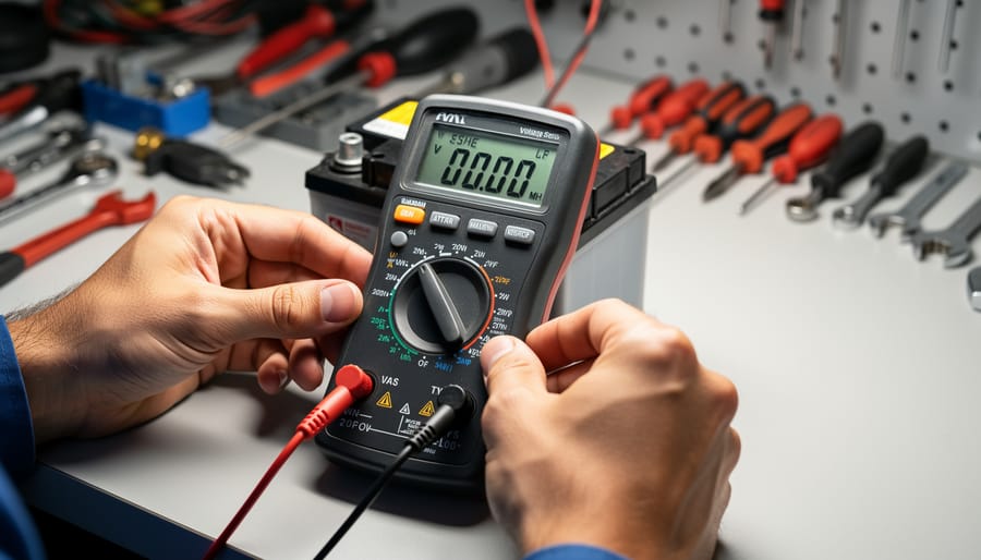 Mechanic using multimeter to test battery voltage on riding lawn mower