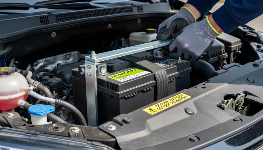 Battery secured with padding and straps in vehicle cargo area for safe personal transportation
