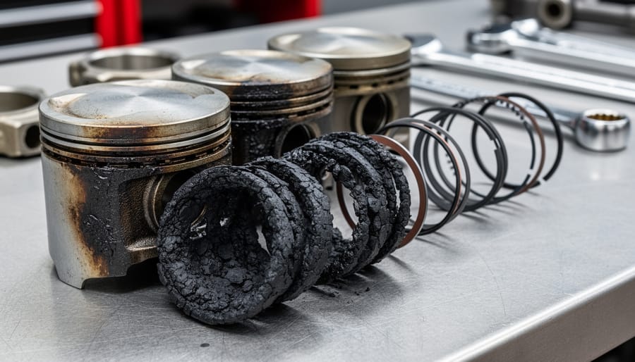 Disassembled lawn mower engine showing worn piston and cylinder head with carbon buildup