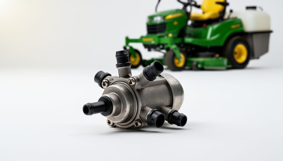 Close-up of zero turn mower fuel pump component held in mechanic's hand